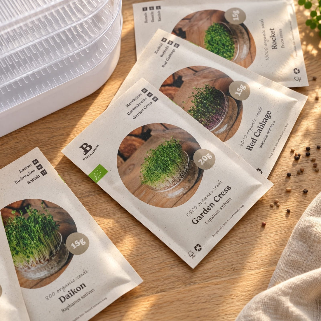 Microgreenbox mit Keimturm - 5 Tüten Biosamen