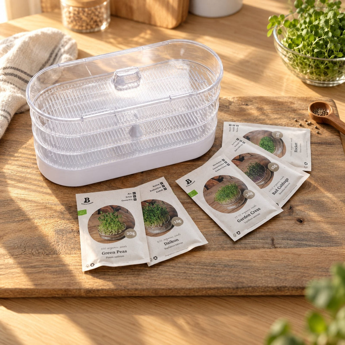 Microgreenbox mit Keimturm - 5 Tüten Biosamen